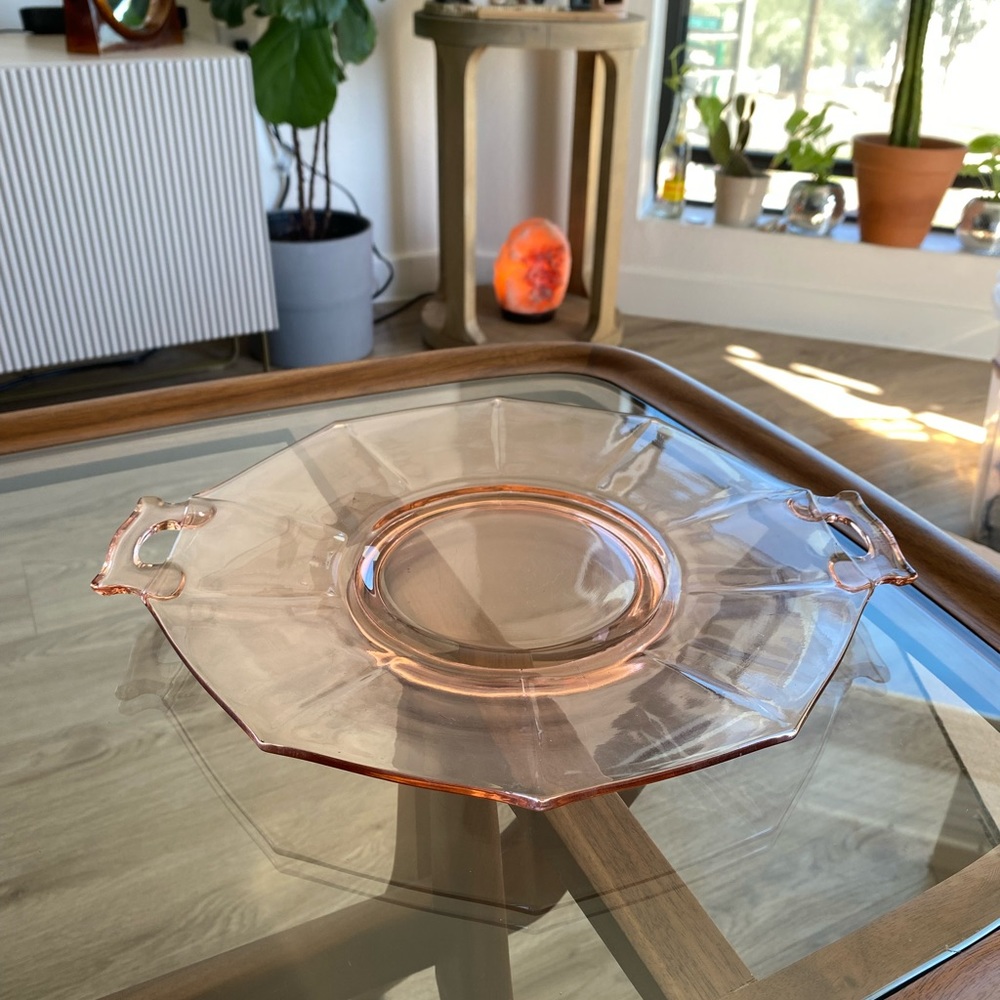 Vintage Pink Depression Era Glass Platter with Handles